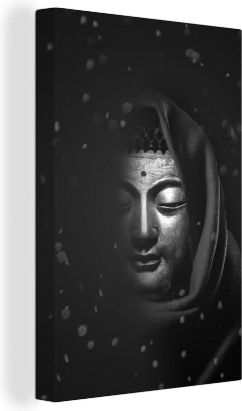 Peinture sur toile Bouddha semi-illuminé avec foulard - noir et blanc - 40x60 cm - Décoration murale