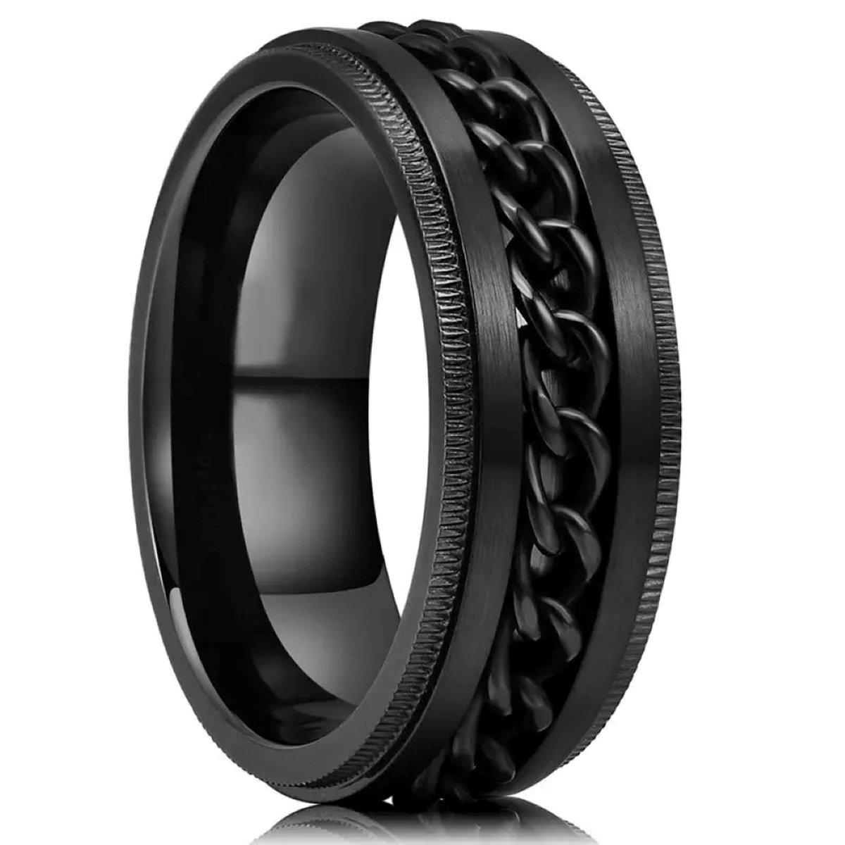 Walletstreet Anxiety Chainring- Fidget Ring- edelstaal- rvs-kleur- zwart met zwarte draaibare schakelmotief-voor mannen en vrouwen-Kerstcadeau-Ideale geschenk