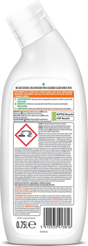 Witte Ecover fles met ecologisch logo en productinformatie in diverse talen. Bevat 0.75L.