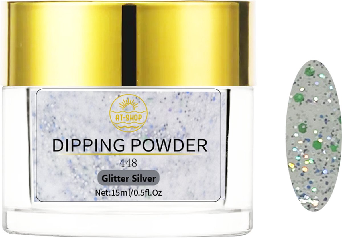 AT-Shop - Dipping Powder - 448 Glitter Silver - Te Gebruiken met elk merk Dip Powder - Dip poeder - Dip nagel - Nailart - Nail- Pink Gellac starter set