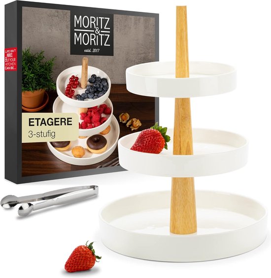 Fruit Tagere 3 Tier - Includes Tongs - Made of High Quality Porcelain - Modern Kitchen Decoration or Party Decoration - Perfect as a Fruit Bowl for Storing Fruit, Muffins and Cupcakes