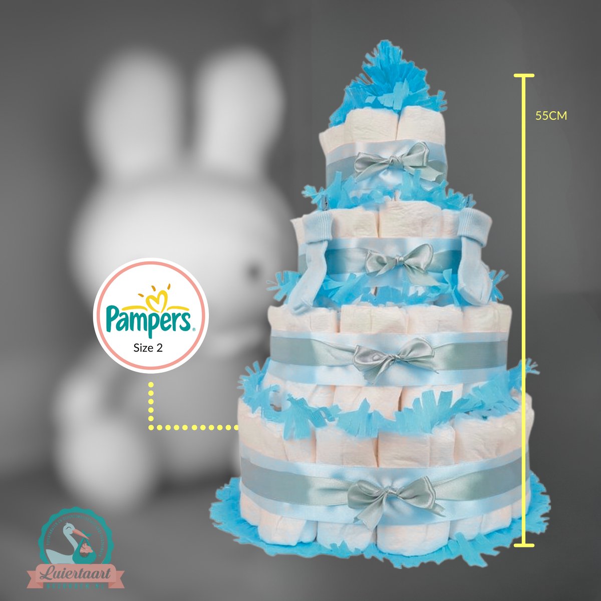 Goedkoopste Luiertaart jongen 4-laags met 87 A-merk pampers en XL kaart - kraamcadeau - babyshower- pampertaart