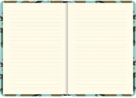 Open notitieboek met witte, gelinieerde pagina's. De binnenkant van de kaft heeft een lichtblauw patroon van luiaards en takken.