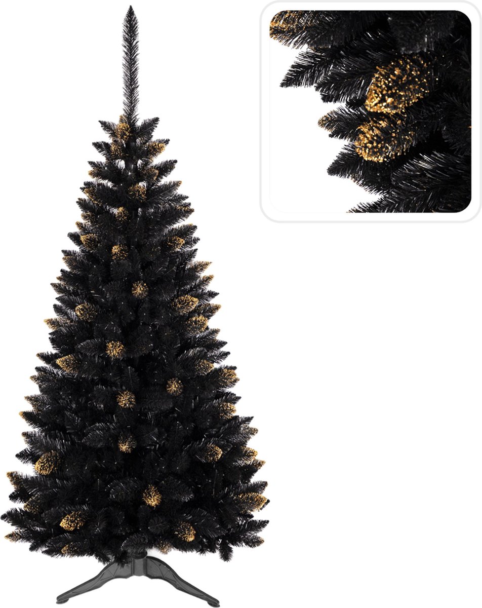 Zwart kunstkerstboom, Ghanese spar, PVC, goud, 150 cm
