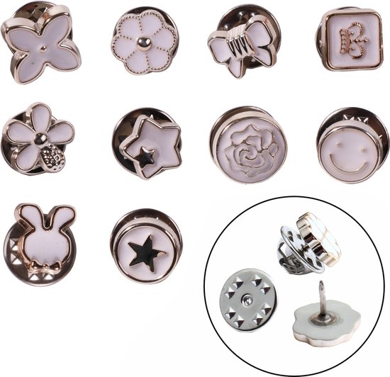 Fako Bijoux® - Pin Broche Mini - Steek Pin Knopen Set - 10 Mini Broches - 8-12mm - Silver, Gold & White - 10 Stuks - Zilver, Goud & Wit - Serie 1