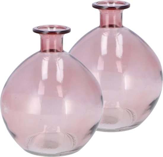 DK Design Bloemenvaas rond model - 2x - helder gekleurd glas - zacht roze - D13 x H15 cm