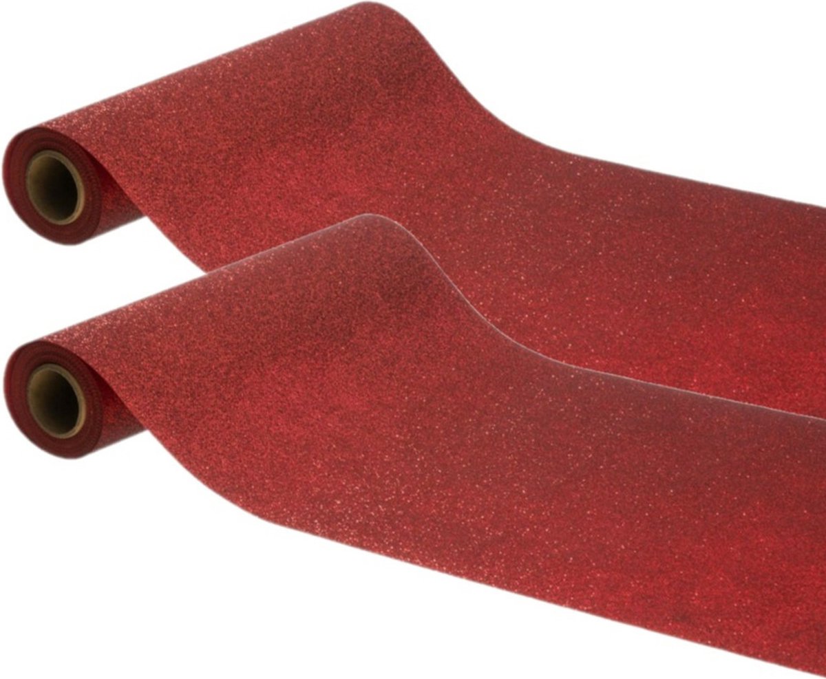 Chaks Tafelloper op rol - 2x - rode glitter - 30 x 500 cm - polyester