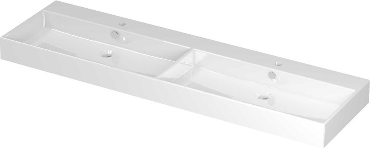 INK Unlimited porseleinen dubbele wastafel met 2 kraangaten 160 x 45 x 11 cm, glanzend wit