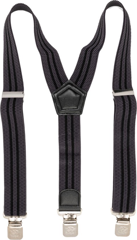 Donkergrijze bretels met verticale, lichtere grijze strepen en zilverkleurige clips.