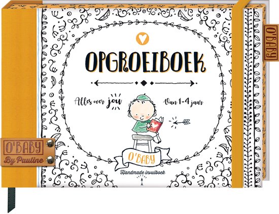 Opgroeiboek van O'Baby by Pauline met een illustratie van een kindje dat leest, omringd door decoratieve krullen. De tekst 'Alles over jou' en 'Van 1-4 jaar' staan centraal.