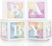 Vier doorzichtig letter ballon blokken Baby wit met 24 pastelkleurige ballonnen - ballon - box - babyshower - geboorte - baby - zwanger