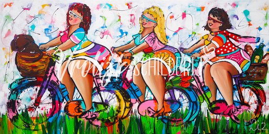 3 Dikke dames op de fiets | Vrolijk Schilderij | 100x50cm | Dikte 2 cm | Canvas schilderijen woonkamer | Wanddecoratie | Schilderij op canvas | Kunst | Corrie Leushuis