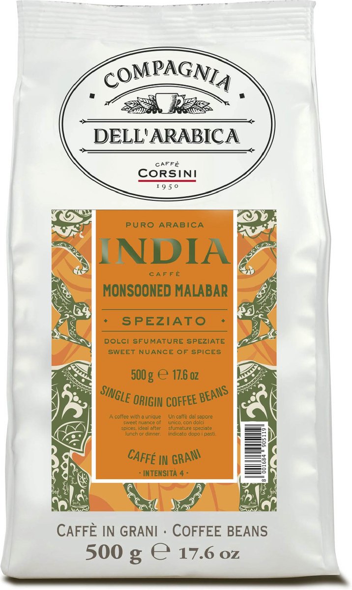 Goedkoopste Koffiebonen - Compagnia dell'Arabica - Italiaanse koffie-India 500 gram Monsooned Malabar 'Single Origin' - 100 Arabica