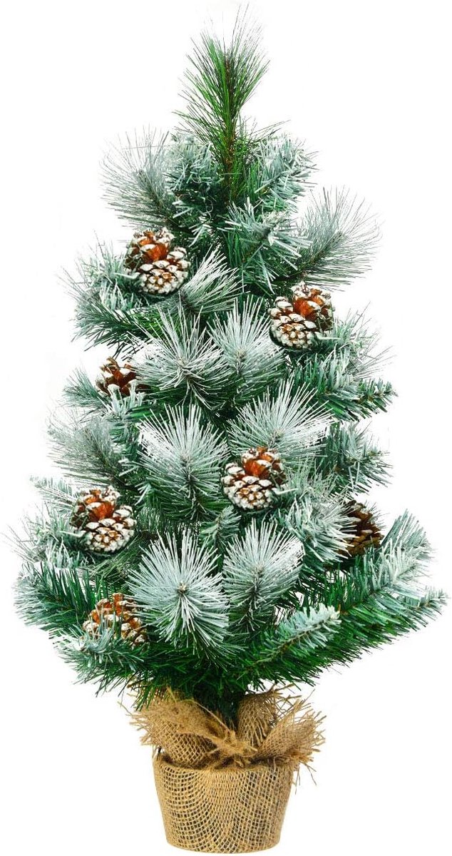 Kunstmatige mini-kerstboom, 60 cm, tafel dennenboom met cementbasis, besneeuwde kerstboom met dennenappels, kunstboom Kerstmis 34 punten PVC naalden, groen