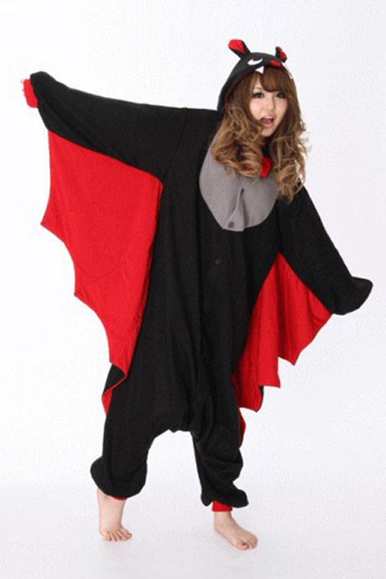KIMU Onesie Vleermuis Pak - Maat XS-S - Vleermuispak Kostuum Zwart Rood Bat 152 158 - Jumpsuit Pyjama Huispak Halloween Dames Heren Fleece Festival