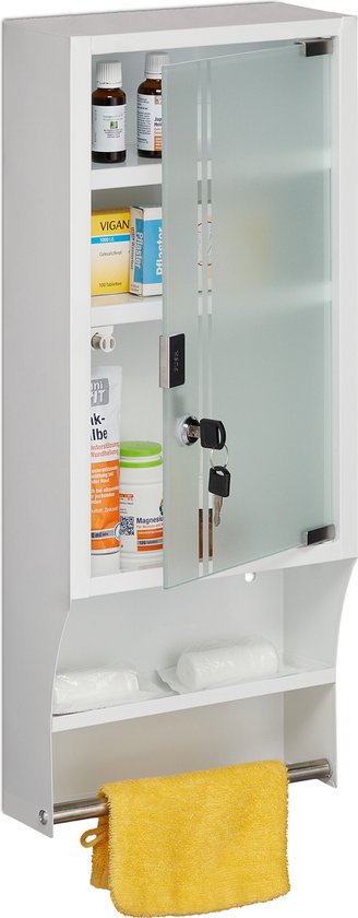 Relaxdays medicijnkastje - 4 vakken en stang - verbandkastje - metaal - glazen deur - wit
