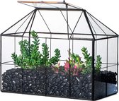 Zwart geometrisch glas plantenterras (25x13,5x20cm) handgemaakte rasterhuisvorm plantenbak voor vetplanten cactussen luchtplanten, modern thuistafelblad helder containerdecor middelpunt (geen planten)