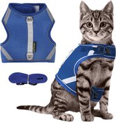 anti-ontsnappingslijn, kattenriem met tuigje voor katten, reflecterende strepen, borstharnas, verstelbaar, ademend, 150 cm kattenriem (M, blauw)