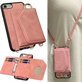 Casemania Hoesje Geschikt voor Apple iPhone SE (2022 / 2020) - 7 & 8 Pale Pink - Luxe Back Cover 2 in 1 met Koord - Wallet Case geschikt voor Magsafe - Pasjeshouder