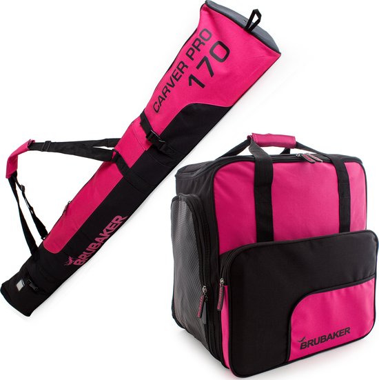 BRUBAKER Combi set Carver PRO - Limited Edition - Skitas en Skischoen Tas voor 1 paar ski's 170 cm of 190 cm + stokken + schoenen + helm roze zwart