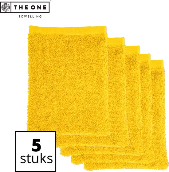 Vijf gele washandjes op een witte achtergrond, met "5 stuks" in een kader.