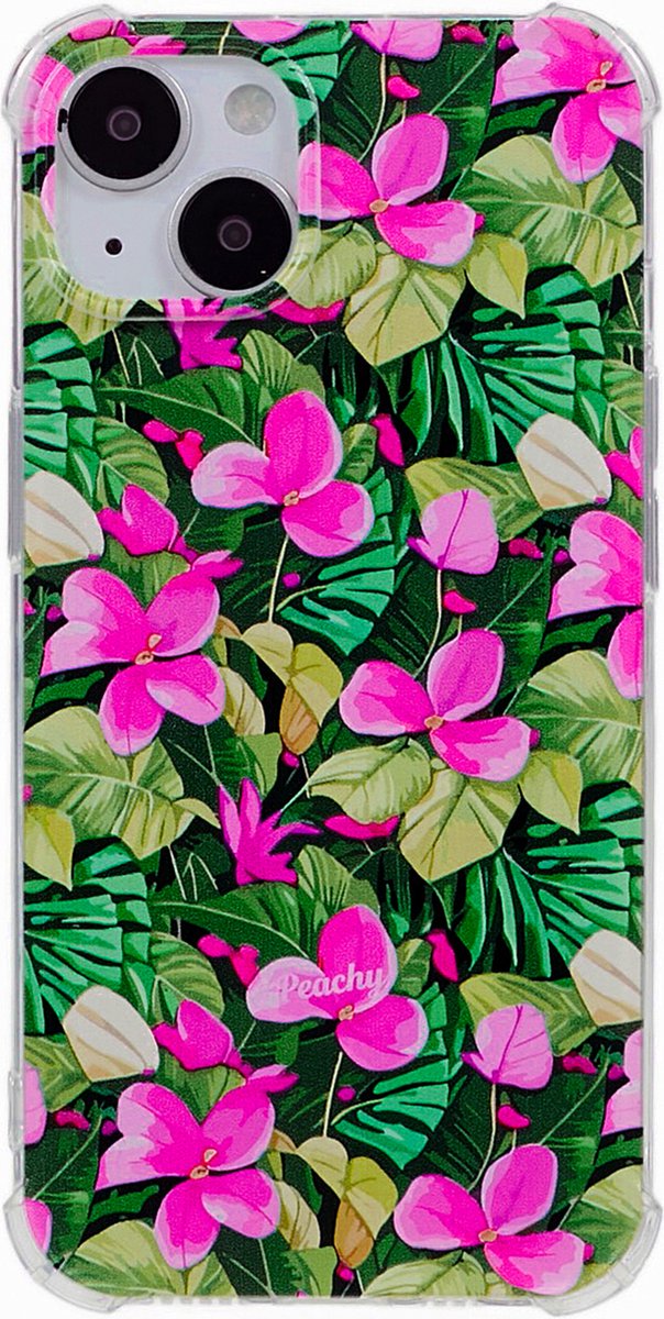 Peachy Tropical Leaves & Flowers TPU met versterkte hoeken hoesje geschikt voor iPhone 13 mini