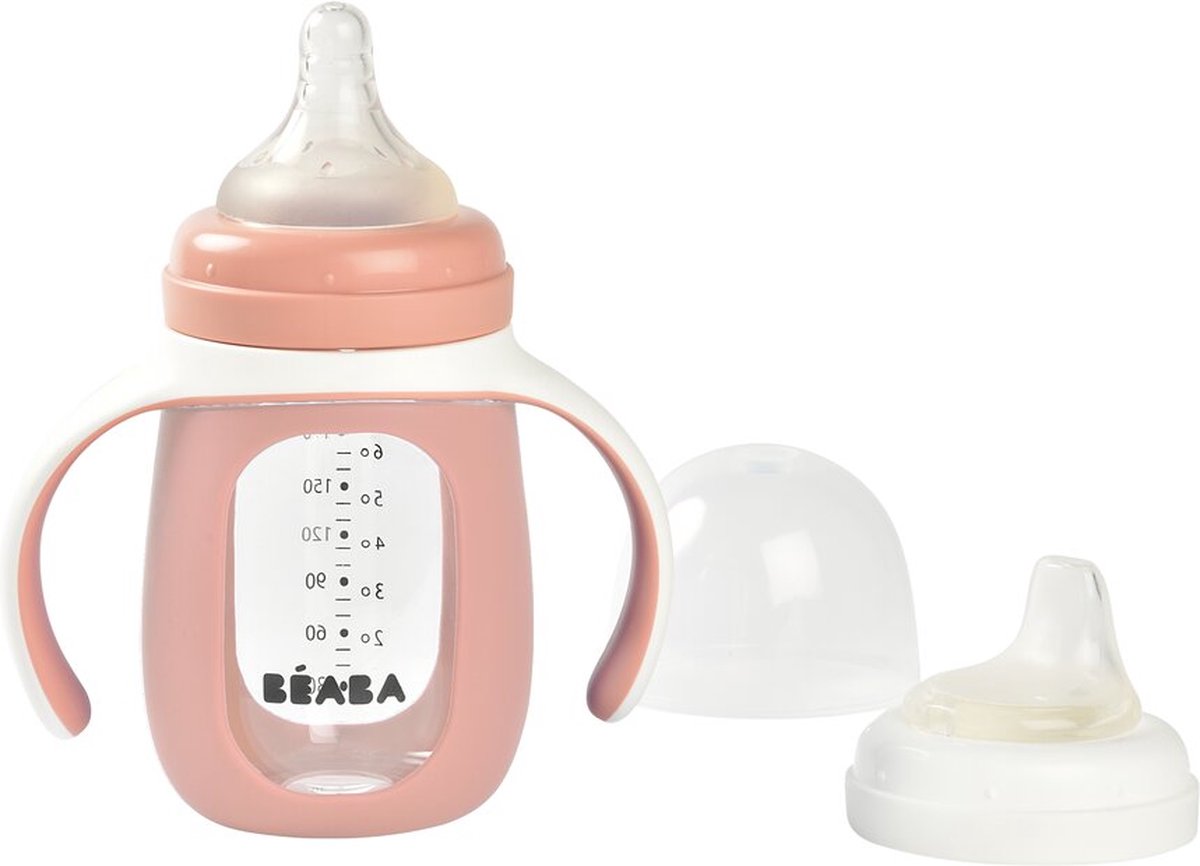 Goedkoopste Béaba Trainingsfles 2-in-1 - Glazen waterfles met siliconen hoes - Roze - 210ml