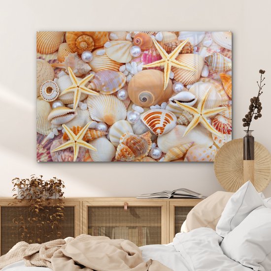 Peinture sur verre - Photo sur verre - Coquillage - Perles - Étoile de mer - Décoration murale - 90x60 cm - Peinture sur verre - Décoration murale - Photo sur verre - Peinture sur verre plage - Verre acrylique