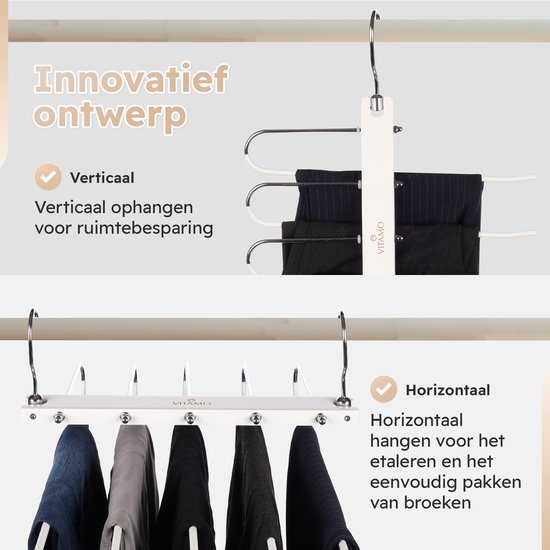 Innovatief ontwerp: verticaal ophangen bespaart ruimte, horizontaal hangen voor etaleren en pakken.