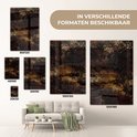 Verscheidene formaten van een abstract glas-in-lood schilderij in bruin en zwart met gouden spikkels.
