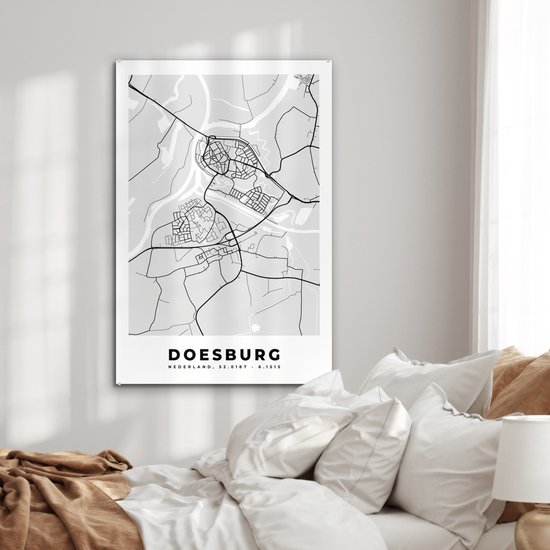 Peinture sur verre MuchoWow® 60x90 cm - Peinture acrylique sur verre - Doesburg - Nederland - Carte - Plan de ville - Zwart et Wit - Photo sur verre - Peintures