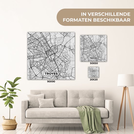 MuchoWow® Glasschilderij 50x50 cm - Schilderij acrylglas - Kaart - Stadskaart - Troyes - Plattegrond - Frankrijk - Foto op glas - Schilderijen