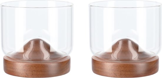 Aretica Whiskeyglas - Set van 2 - 250 ml - Inclusief onderzetter - Whiskey geschenk set - Glazen - Whiskeyglazen - Bruin - Glas - Hout - 7,3 x 7,3 x 7 cm