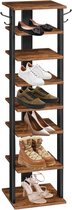 Schoenenrek met 8 niveaus, smal schoenenrek, schoenenkast met 2 haken, opbergplanken, schoen organisator, ruimtebesparend, voor entree, hal, slaapkamer, vintage bruin-zwart