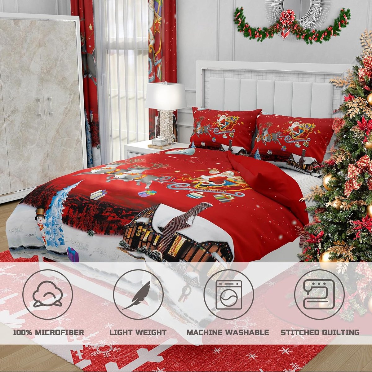 Housse De Couette Noël 140X200 Cm Rouge Blanc Père Noël Sapin De