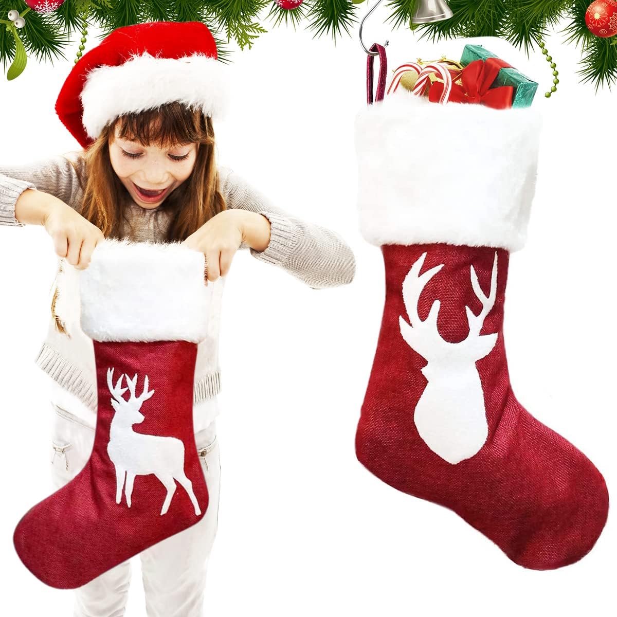 Set van 2 grote gepersonaliseerde jute kerstsokken in de vorm van Kerstmanlaarzen voor open haard, kerstcadeauzakjes.