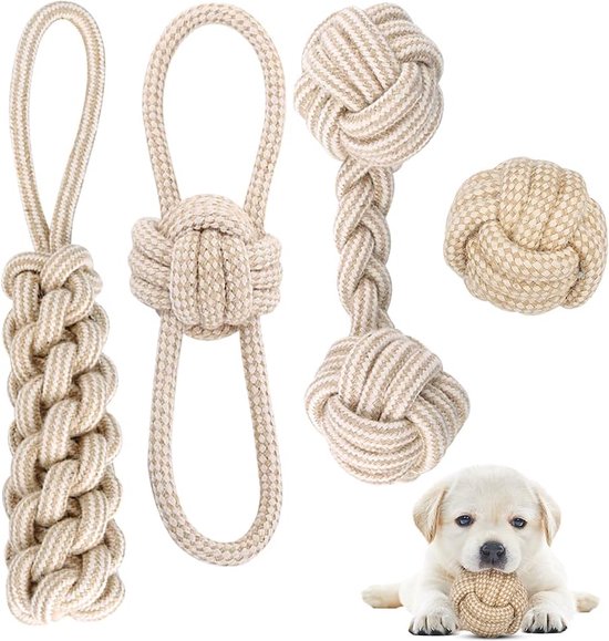 Corde de jouet pour chien avec boule à nouer, ensemble de 4 jouets à mâcher pour chiens de petite taille/chiots de taille moyenne, speelgoed chiens, soins dentaires, coton naturel, blanc