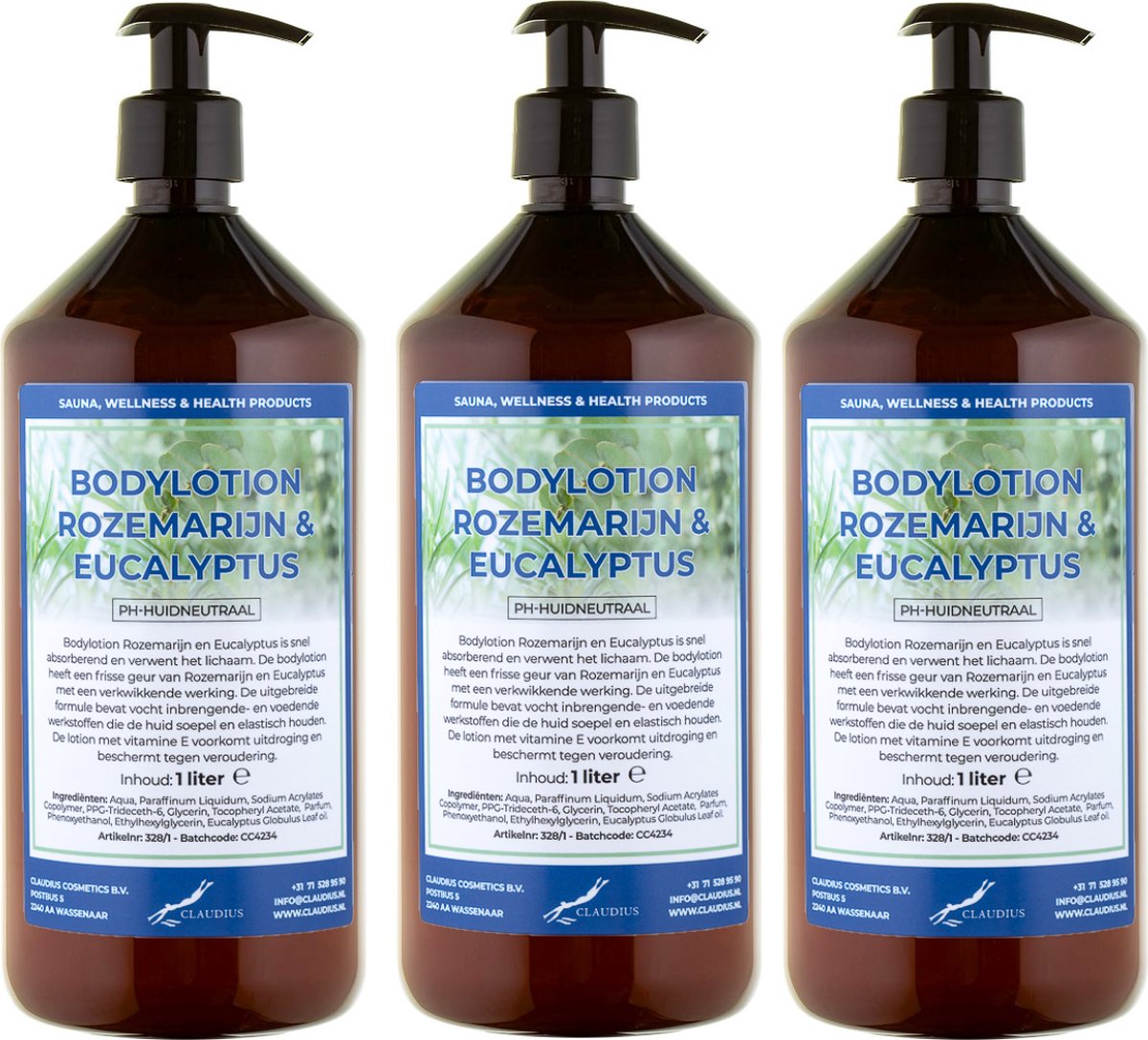 Bodylotion Rozemarijn & Eucalyptus 1 Liter - met gratis pomp - set van 3 stuks