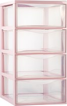 Plasticforte Ladeblokje/bureau organizer met 4x lades - transparant/roze - L26 x B37 x H49 cm
