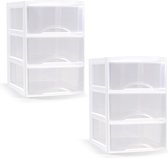 Plasticforte ladeblokje/bureau organizer - 2x stuks - 3 lades - transparant/wit - L18 x B25 x H25 cm