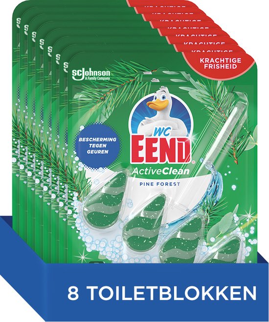 Doos met 8 toiletblokken van WC Eend, Active Clean Pine Forest, met dennentakken decoratie.