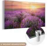 MuchoWow® Glasschilderij 160x80 cm - Schilderij acrylglas - Lavendel - Zon - Bloemen - Foto op glas - Schilderijen