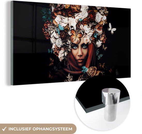 Glasschilderij - Bloemen - Vlinder - Vrouwen - Hoofddoek - Acrylglas Schilderijen - Foto op Glas