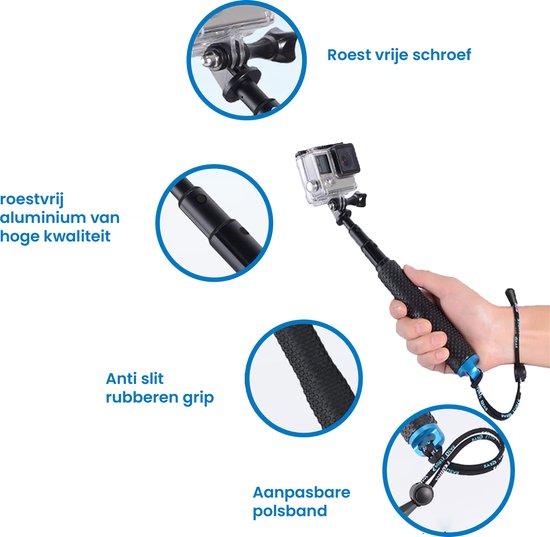 Hand die een waterdichte selfiestick vasthoudt. Details: 'roestvrije schroef', 'roestvrij aluminium van hoge kwaliteit', 'anti-slip rubberen grip', 'aanpasbare polsband'.