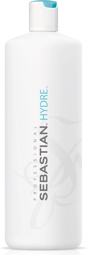 Bouteille blanche Sebastian Hydre avec bouchon bleu, debout sur une surface blanche.