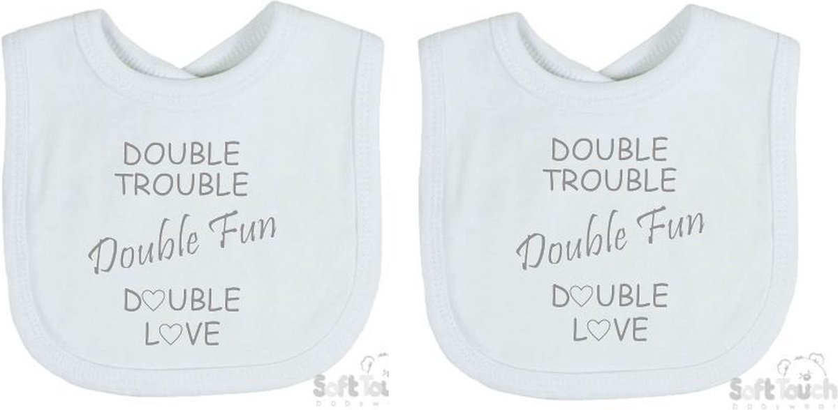Goedkoopste Soft Touch 2-pack Slabber Slabbetje Slab Double trouble Double fun Double love Unisex Tweeling Katoen Wit/grijs Maat 33x22 Cm