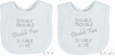 Lot de 2 bavoirs Soft Touch Bavoir "Double trouble Double fun Double love" Mixte Jumeaux Katoen Wit/gris Taille 33x22 Cm
