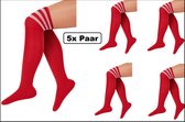 5x Paar Lange sokken rood met witte strepen - maat 36-41 - Lieskousen - kniekousen overknee kousen sportsokken cheerleader carnaval voetbal hockey unisex festival