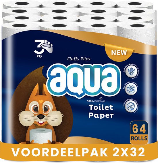 AQUA - Tripple Soft - 2x32 rollen WC papier - 64Rollen - 3 Laags Toiletpapier, Extra Zacht & Pluisvrij, Tripple comfort - Voordeelverpakking WC Papier