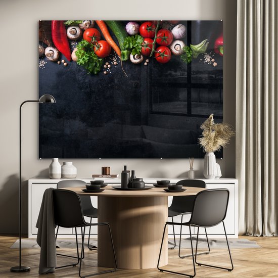 MuchoWow® Peinture sur verre 160x120 cm - Peinture sur verre acrylique - Légumes - Herbes - Épices - Zwart - Rustique - Cuisine - Photo sur verre - Peintures
